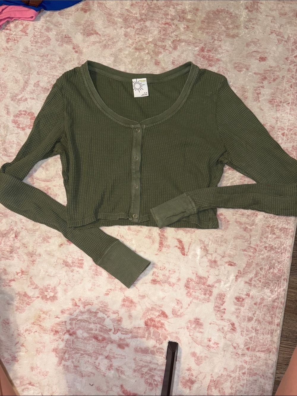 Olive Green Waffle Knit Cropped Button